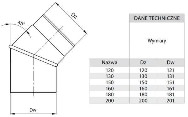 KOLANO 45° CZARNE NASTAWNE FI 160 MM, GR. 2 MM