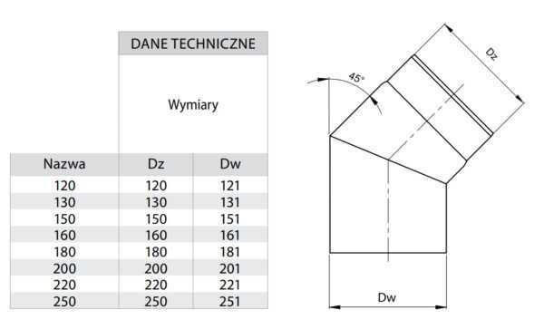 KOLANO 45° CZARNE STAŁE FI 120 MM, GR. 2 MM