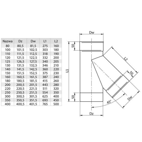 TRÓJNIK KOMINOWY 45° ŻAROODPORNY FI 180 MM