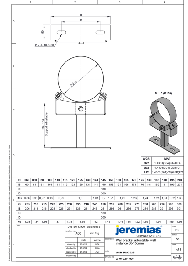 WSPORNIK ŚCIENNY REGULOWANY 50-150 MM CZARNY BLACK DESIGN FI 150/200 MM