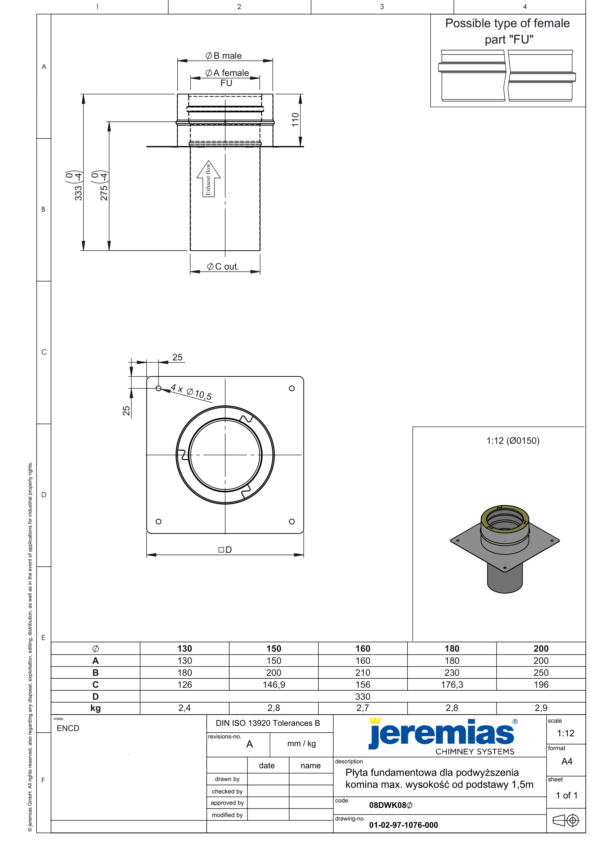 PŁYTA FUNDAMENTOWA DLA PODWYŻSZENIA KOMINA IZOLOWANA DW ECO 304 - DREWNO, PELLET - FI 130/180 MM