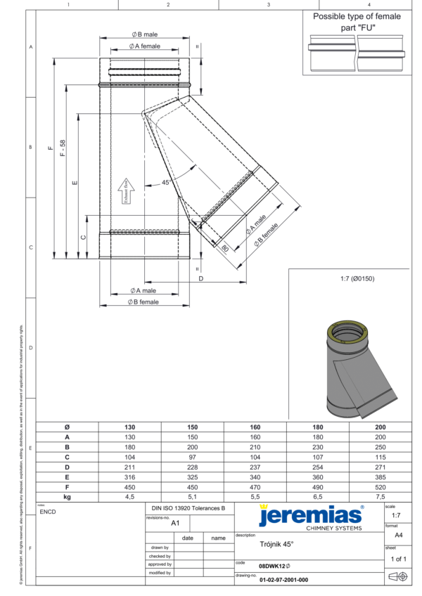 TRÓJNIK 45° IZOLOWANY DW ECO 304 - DREWNO, PELLET - FI 180/230 MM