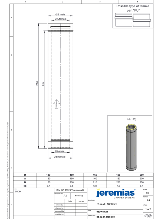 RURA KOMINOWA 1000 MM IZOLOWANA DW ECO 304 - DREWNO, PELLET - FI 180/230 MM