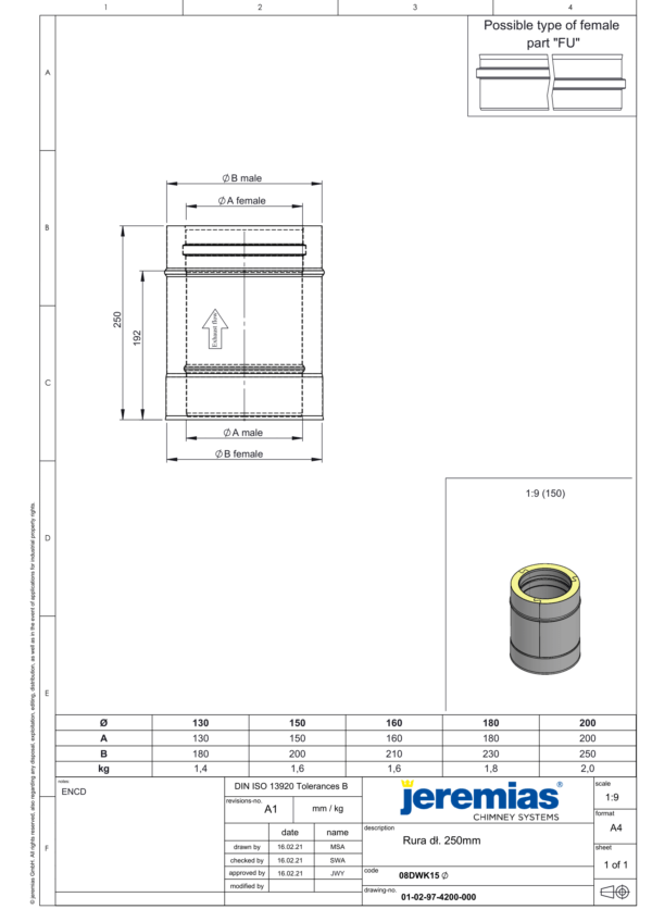 RURA KOMINOWA 250 MM IZOLOWANA DW ECO 304 - DREWNO, PELLET - FI 180/230 MM