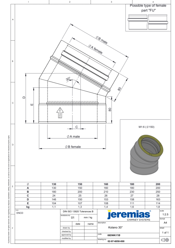 KOLANO 30° IZOLOWANE DW ECO 304 - DREWNO, PELLET - FI 180/230 MM