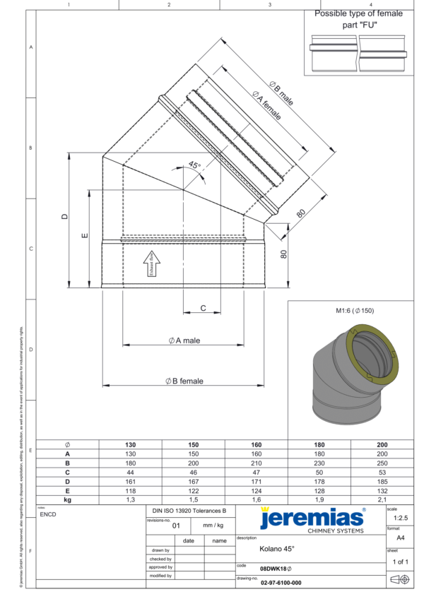 KOLANO 45° IZOLOWANE DW ECO 304 - DREWNO, PELLET - FI 130/180 MM