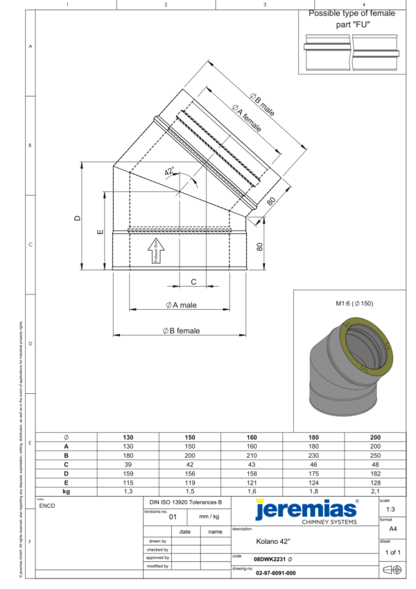 KOLANO 42° IZOLOWANE DW ECO 304 - DREWNO, PELLET - FI 130/180 MM