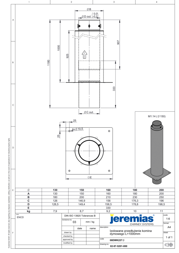 IZOLOWANE PRZEDŁUŻENIE KOMINA L=1000 MM DWECO 304 - DREWNO, PELLET - FI 200/250 MM