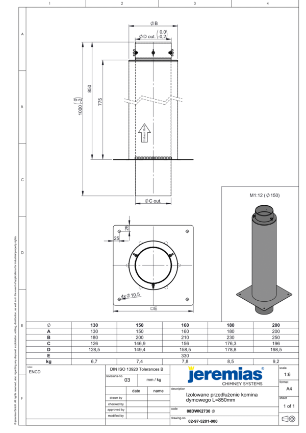 IZOLOWANE PRZEDŁUŻENIE KOMINA L=850 MM DW ECO 304 - DREWNO, PELLET - FI 180/230 MM