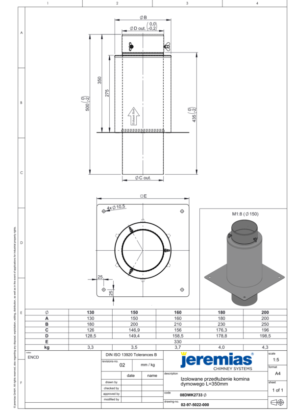 IZOLOWANE PRZEDŁUŻENIE KOMINA L=350 MM DW ECO 304 - DREWNO, PELLET - FI 130/180 MM