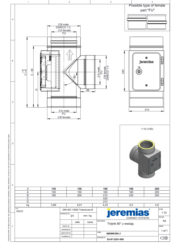 TRÓJNIK 90° Z REWIZJĄ 210x140 MM IZOLOWANY DW ECO 304 - DREWNO, PELLET - FI 150/200 MM