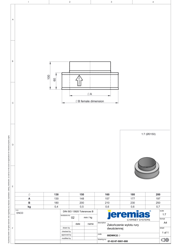 ZAKOŃCZENIE WYLOTU RURY DWUŚCIENNEJ DW ECO 304 - DREWNO, PELLET - FI 200/250 MM