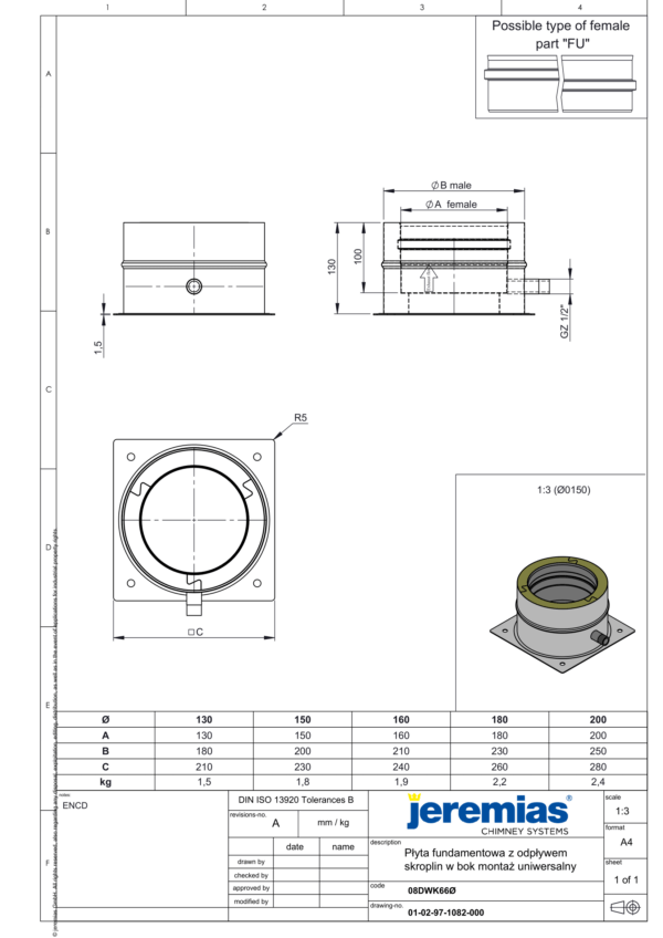 PŁYTA FUNDAMENTOWA Z ODPŁYWEM SKROPLIN W BOK IZOLOWANA DW ECO 304 - DREWNO, PELLET - FI 160/210 MM