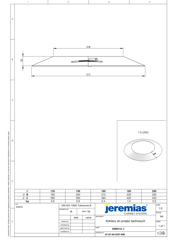 KOŁNIERZ DO PRZEJŚĆ DACHOWYCH DW ECO 304 - DREWNO, PELLET - FI 200/250 MM