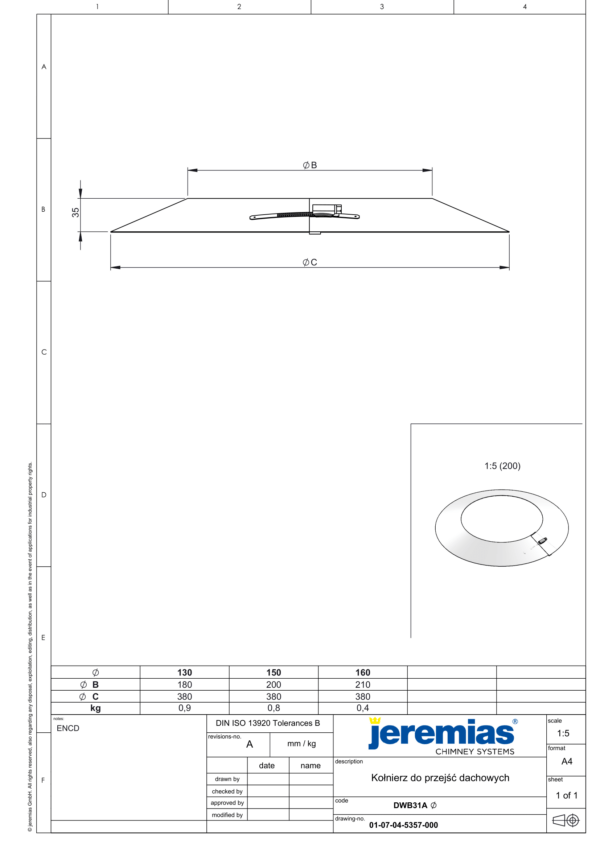 KOŁNIERZ DO PRZEJŚĆ DACHOWYCH DW ECO 304 - WENTYLACJA - FI 130/180 MM