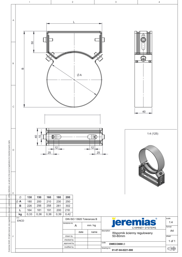 WSPORNIK ŚCIENNY REGULOWANY 50-80 MM DO RUR IZOLOWANYCH DW ECO 304 - GAZ, OLEJ - FI 130/180 MM