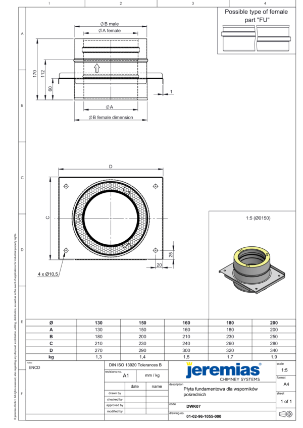 PŁYTA FUNDAMENTOWA DLA WSPORNIKÓW POŚREDNICH IZOLOWANA DW ECO 304 - GAZ, OLEJ - FI 180/230 MM