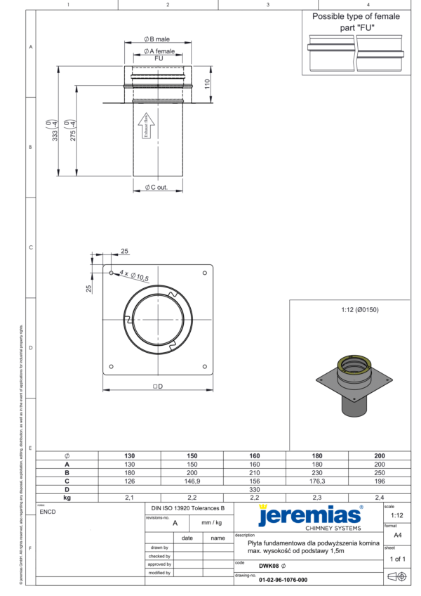 PŁYTA FUNDAMENTOWA DLA PODWYŻSZENIA KOMINA IZOLOWANA DW ECO 304 - GAZ, OLEJ - FI 180/230 MM