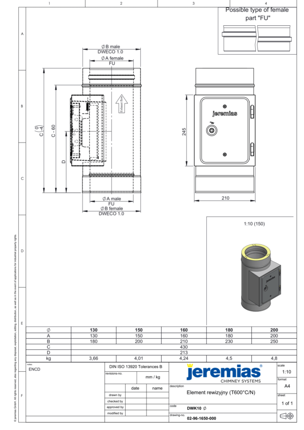 WYCZYSTKA KOMINOWA Z DRZWICZKMI 210x140 MM IZOLOWANA DW ECO 304 - GAZ, OLEJ - FI 200/250 MM