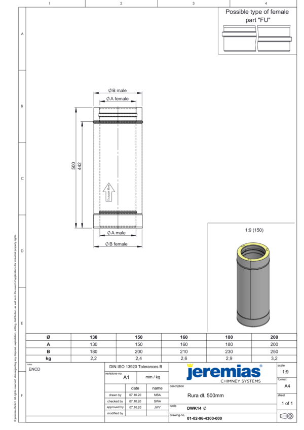 RURA KOMINOWA 500 MM IZOLOWANA DW ECO 304 - GAZ, OLEJ - FI 130/180 MM