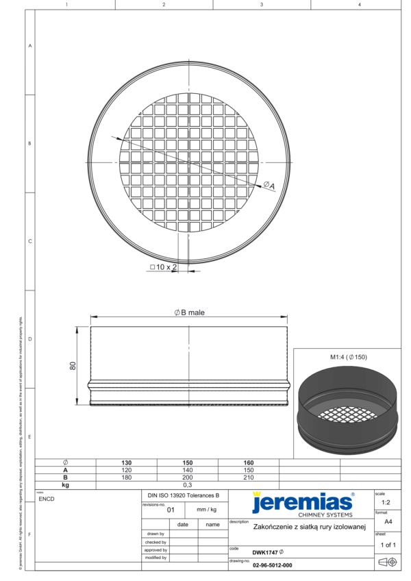 ZAKOŃCZENIE Z SIATKĄ DLA RURY IZOLOWANEJ DW ECO 304 - WENTYLACJA - FI 130/180 MM