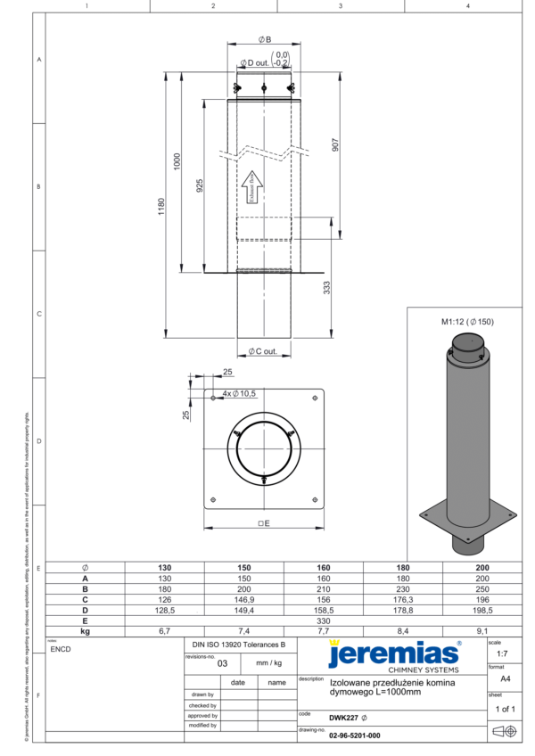 IZOLOWANE PRZEDŁUŻENIE KOMINA L=1000 MM DW ECO 304 - GAZ, OLEJ - FI 180/230 MM
