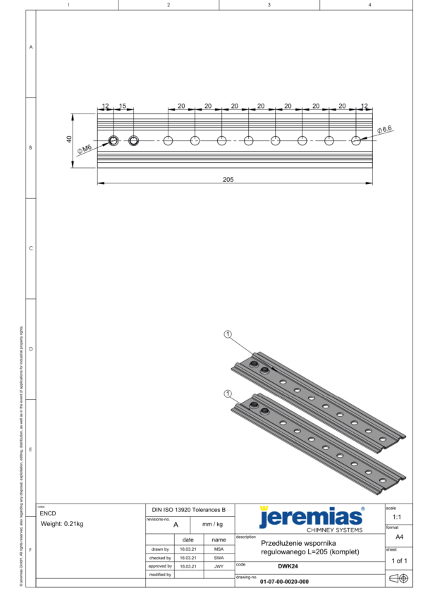PRZEDŁUŻENIE WSPORNIKA REGULOWANEGO L=205 (KOMPLET) DW ECO 304 - GAZ, OLEJ