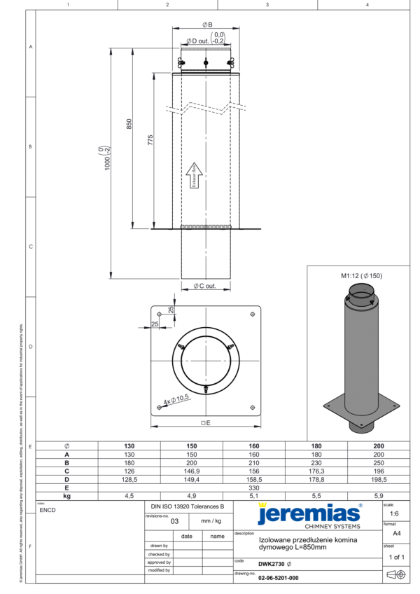 IZOLOWANE PRZEDŁUŻENIE KOMINA L=850 MM DW ECO 304 - GAZ, OLEJ - FI 180/230 MM