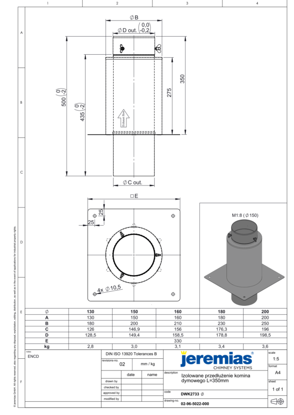 IZOLOWANE PRZEDŁUŻENIE KOMINA L=350 MM DW ECO 304 - GAZ, OLEJ - FI 160/210 MM