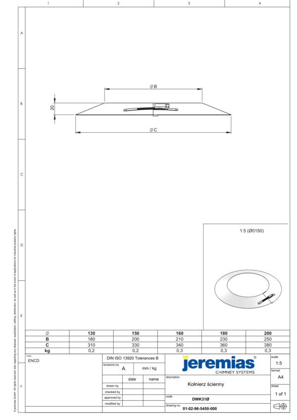KOŁNIERZ ŚCIENNY DO RUR IZOLOWANYCH DW ECO 304 - DREWNO, PELLET - FI 130/180 MM