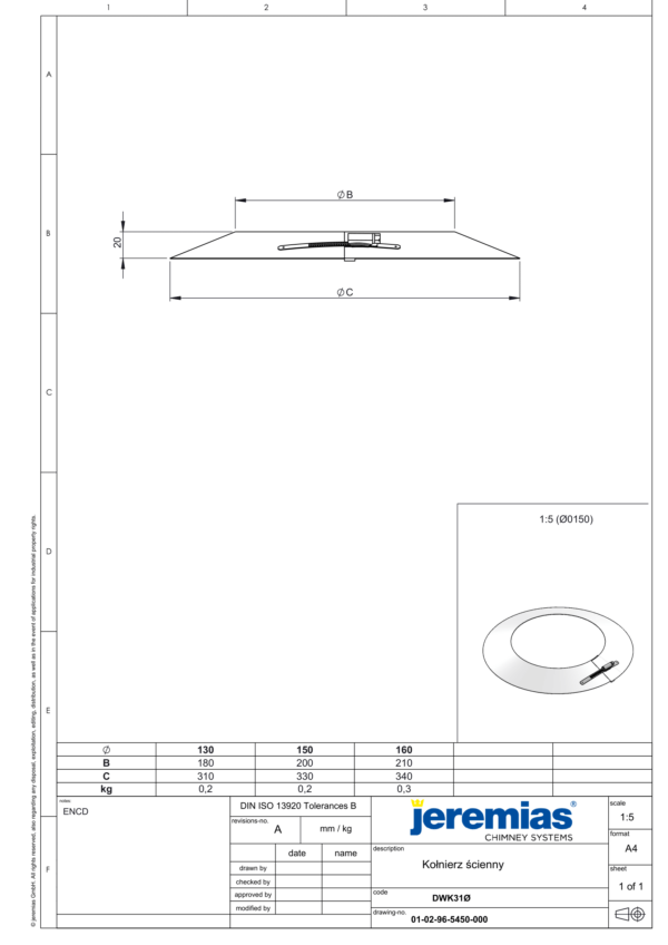 KOŁNIERZ ŚCIENNY DO RUR IZOLOWANYCH DW ECO 304 - WENTYLACJA - FI 150/200 MM