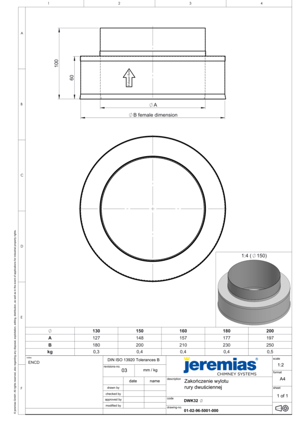 ZAKOŃCZENIE WYLOTU RURY DWUŚCIENNEJ DW ECO 304 - GAZ, OLEJ - FI 130/180 MM