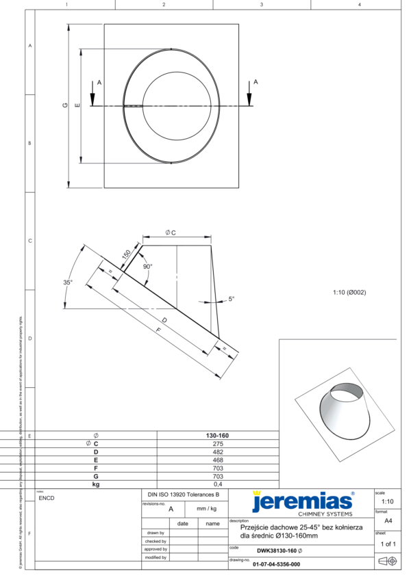 PRZEJŚCIE DACHOWE 25-45° DO RUR IZOLOWANYCH DW ECO 304 - DREWNO, PELLET - FI 150/200 MM