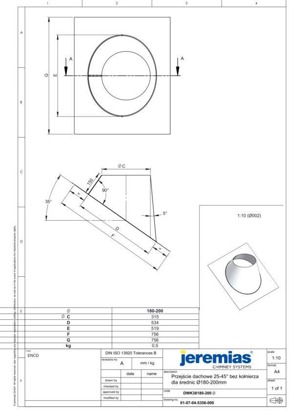 PRZEJŚCIE DACHOWE 25-45° DO RUR IZOLOWANYCH DW ECO 304 - DREWNO, PELLET - FI 180/230 MM