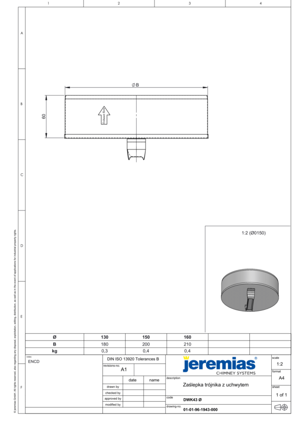 ZAŚLEPKA TRÓJNIKA Z UCHWYTEM DW ECO 304 - WENTYLACJA - FI 130/180 MM