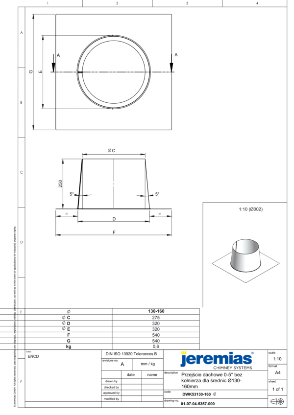 PRZEJŚCIE DACHOWE 0-5° DO RUR IZOLOWANYCH DW ECO 304 - DREWNO, PELLET - FI 160/210 MM