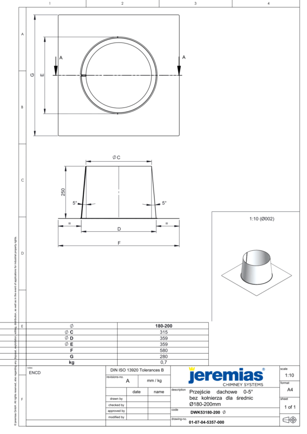 PRZEJŚCIE DACHOWE 0-5° DO RUR IZOLOWANYCH DW ECO 304 - DREWNO, PELLET - FI 180/230 MM