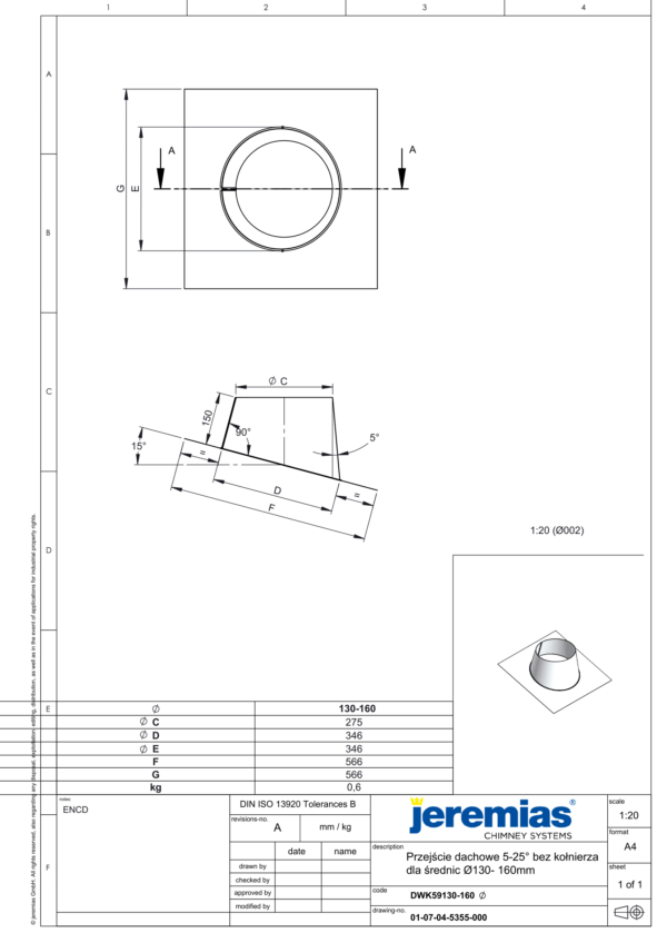 PRZEJŚCIE DACHOWE 5-25° DO RUR IZOLOWANYCH DW ECO 304 - GAZ, OLEJ - FI 160/210 MM