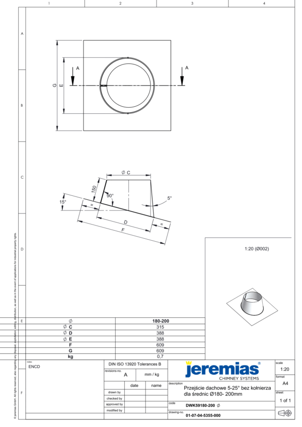 PRZEJŚCIE DACHOWE 5-25° DO RUR IZOLOWANYCH DW ECO 304 - DREWNO, PELLET - FI 200/250 MM