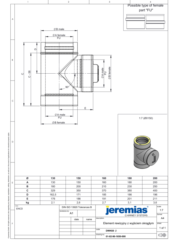 WYCZYSTKA KOMINOWA Z ZAŚLEPKĄ IZOLOWANA DW ECO 304 - GAZ, OLEJ - FI 130/180 MM
