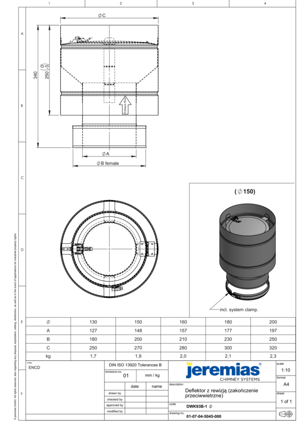 DEFLEKTOR Z REWIZJĄ (ZAKOŃCZENIE PRZECIWWIETRZNE) DW ECO 304 - DREWNO, PELLET - FI 160/210 MM