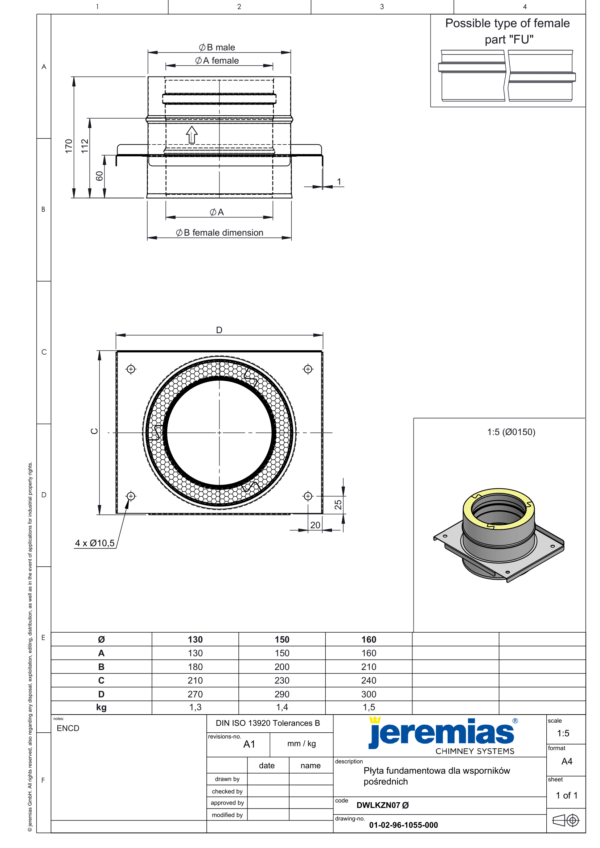 PŁYTA FUNDAMENTOWA DLA WSPORNIKÓW POŚREDNICH IZOLOWANA DW ECO 304 - WENTYLACJA - FI 130/180 MM