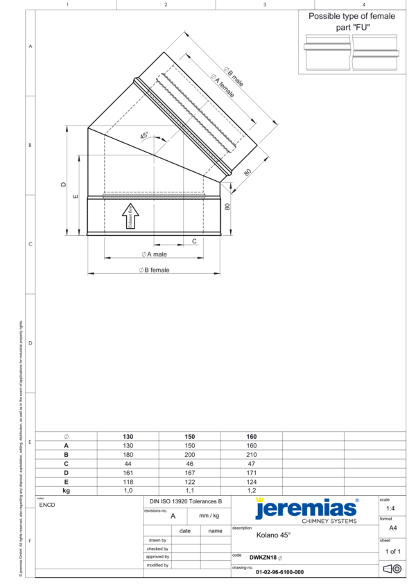 KOLANO 45° IZOLOWANE DW ECO 304 - WENTYLACJA - FI 150/200 MM