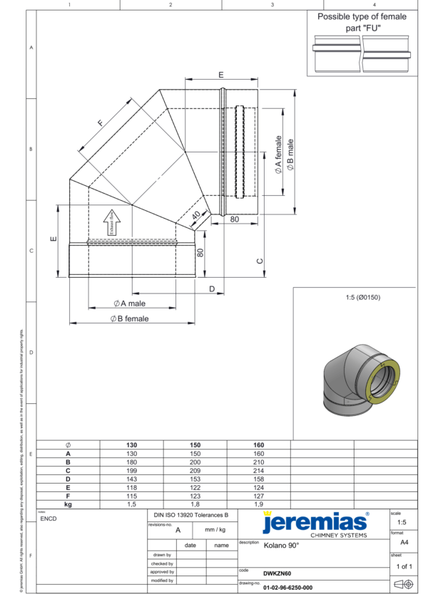 KOLANO 90° IZOLOWANE DW ECO 304 - WENTYLACJA - FI 130/180 MM