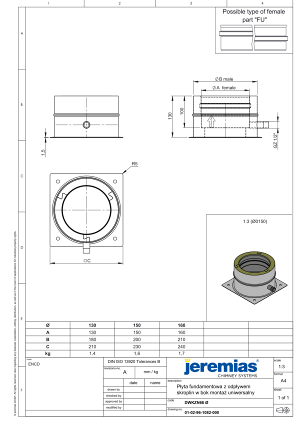 PŁYTA FUNDAMENTOWA Z ODPŁYWEM SKROPLIN W BOK IZOLOWANA DW ECO 304 - WENTYLACJA - FI 130/180 MM