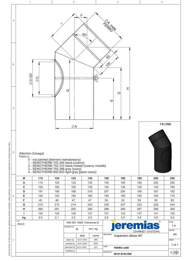 KOLANO 45° CZARNE Z WYCZYSTKĄ FI 120 MM
