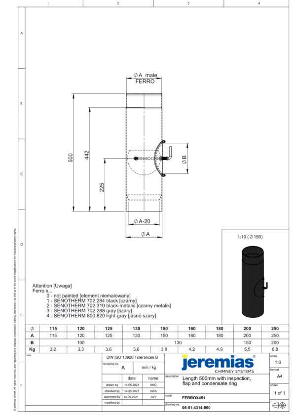 RURA PRZEDŁUŻAJĄCA 500 MM CZARNA FI 130 MM Z REWIZJĄ I KLAPĄ SPALINOWĄ