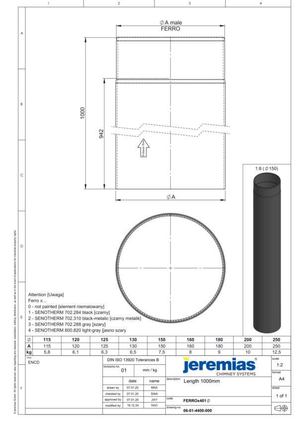 RURA PRZEDŁUŻAJĄCA 1000 MM CZARNA FI 160 MM