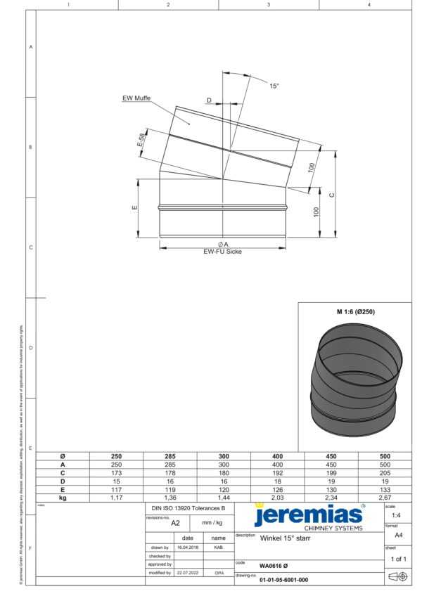 KOLANO ZRZUTOWE 15° - SERIA PRESTIGE FI 250 MM