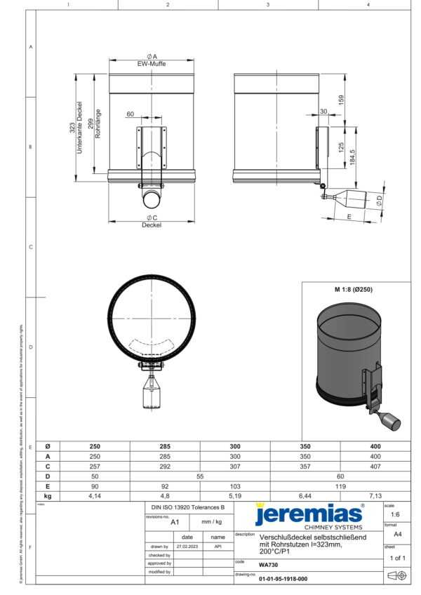 ZAKOŃCZENIE DOLNE ZRZUTU 323 MM Z POKRYWĄ SAMOZAMYKAJĄCĄ - SERIA PRESTIGE FI 250 MM